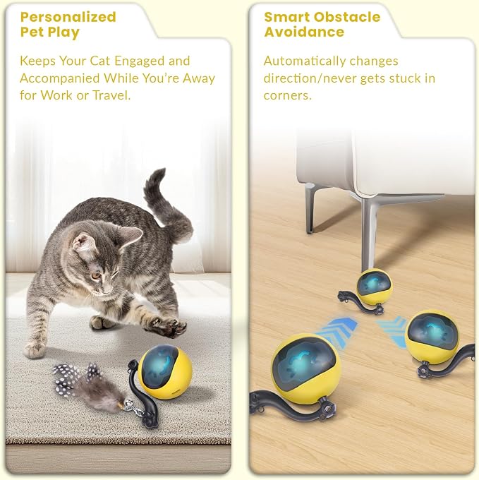 Interactive Cat Toy Ball, Automatic Self-Rolling Cat Toy with Feather Tail, Rechargeable Smart Cat Ball for Indoor Cats（Yellow）