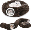 Cat Tunnel Bed Cave - Washable Cushion for Indoor Cats, Peekaboo Hideaway Cave for Indoor Cats, Kittens, Puppies, Rabbits, Luxurious Striped Hare-Feel Fabric, Tunnels for Indoor Cats Large (Coffee)