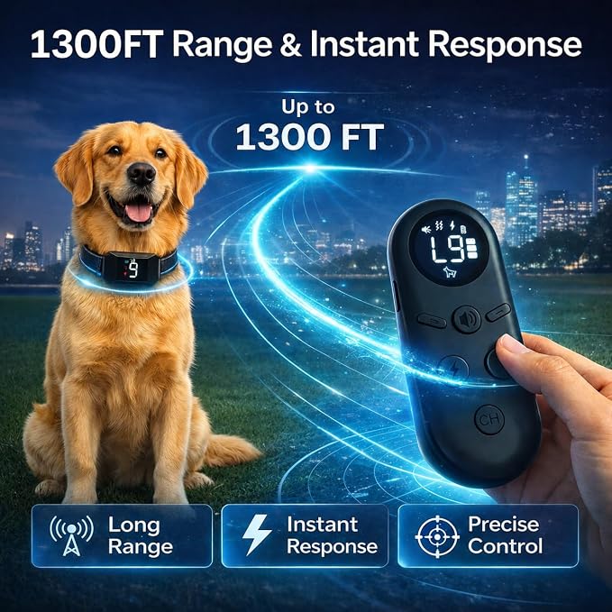 Dog Training Collar with Remote for Small & Medium Dogs (10–100lbs), 1300FT Range, 3 Training Modes (Beep/Vibration/Safe Shock), 9 Levels, Rechargeable Waterproof E-Collar