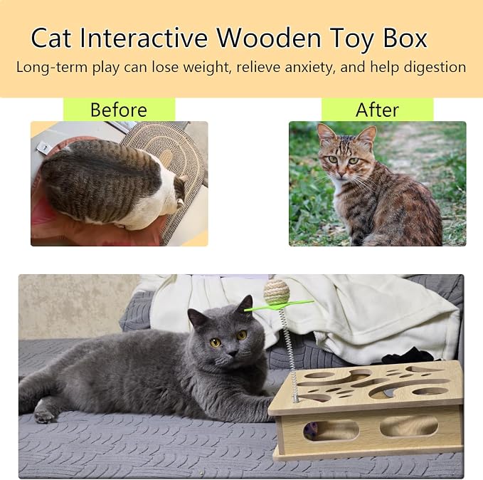 Interactive Wooden Cat Puzzle Toy Box Indoor Hunting Play Toy to Stimulate Your Cat’s Energy and Instincts (Burlywood)