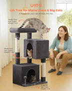 XL Cat Tree 44" Cat Tower for Large Cats 20 lbs, 2 Spacious Caves | Multi-Level Cat Tree with Scratching Posts, Soft Padded Perch, 2 Dangling Toys