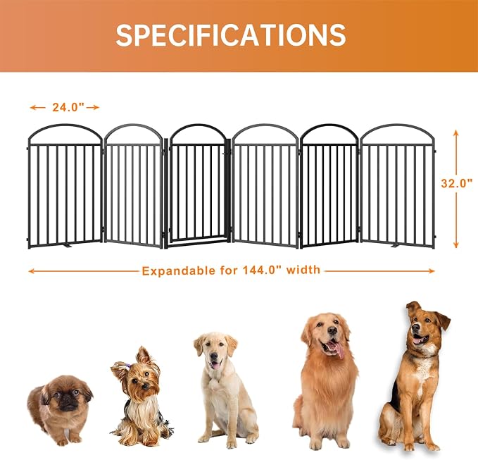 SNUOWU 6 Panels Full Matel Freestanding Dog Gates with Door, 144"Extra Wide 32"Tall Free Standing Dog Pet Gate for Indoor & Outdoor. Foldable Pet Fences for Doorways, House, Stairs, Porch, Deck, Yard