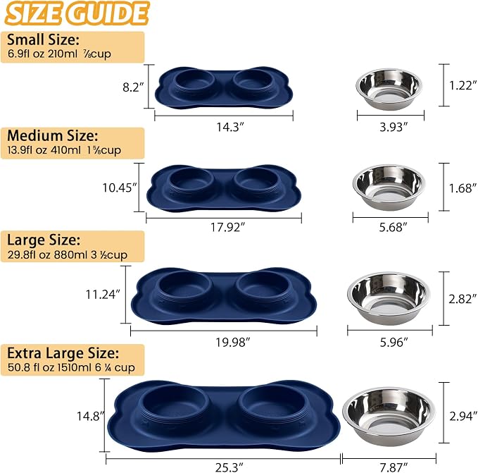 Hubulk Pet Dog Bowls 2 Stainless Steel Dog Bowl with No Spill Non-Skid Silicone Mat + Pet Food Scoop Water and Food Feeder Bowls for Feeding Small Medium Large Dogs Cats Puppies (Large, Navy Blue)
