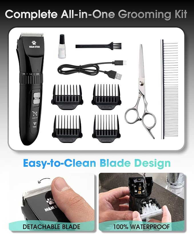 M&M STAR Dog Grooming Kit, Low Noise Dog Clippers, 2-Speed IPX7 Waterproof, Rechargeable Cordless Pet Hair Clippers Trimmer Shaver with LED Display for Dogs and Cats, Black