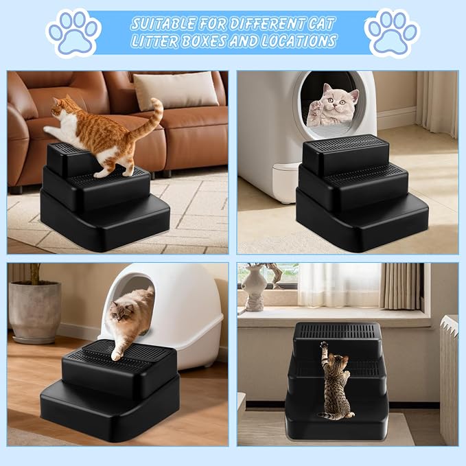3 Step Litter Box Ramp Adjustable Detachable Litter Box Step, Black