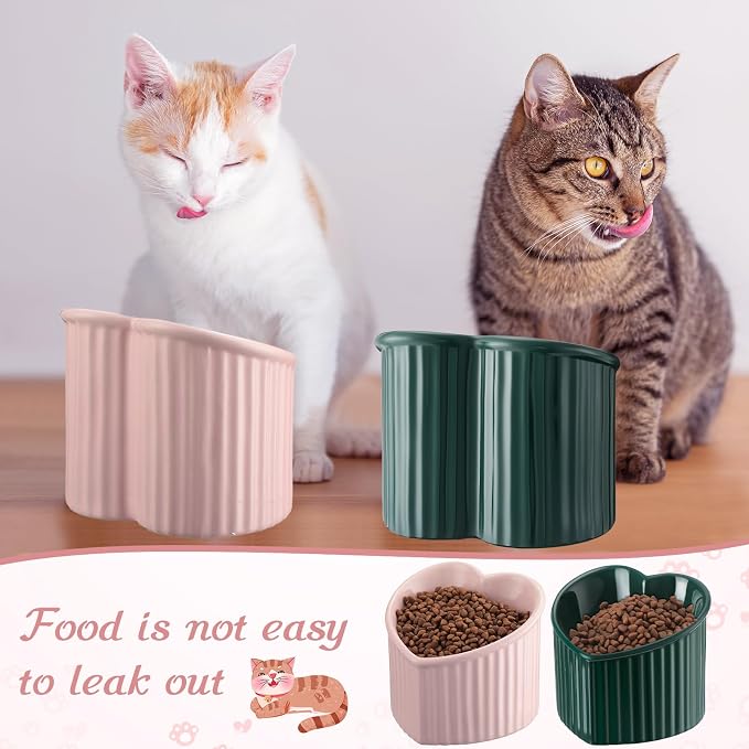 Mumufy 2 Pcs Ceramic Elevated Cat Bowls Tilted Elevated Raised Pet Bowls Anti Vomit Cat Dish for Indoor Stress Free Water Dish Feeder for Puppies, Heart Shaped(Pink, Peacock Green)