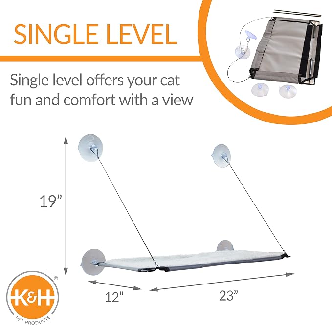 K&H Pet Products Window Lounger Cat Window Perch for Large Cats, Sturdy Kitty Sill Window Hammock Bed, Steel Frame, Sturdy Suction Cups, Washable Shelf Cover, Foldable - 23 X 12in Fleece