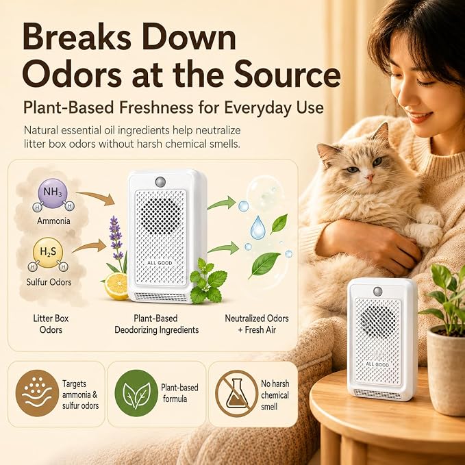 Cat Litter Deodorizer, Smart Odor Control for Cat Litter Box, Plant-based Cat Odor Eliminator, Rechargeable Pet Odor Eliminator with Plant-Based Oil, Safe & Quiet Air Freshener for Pet Homes