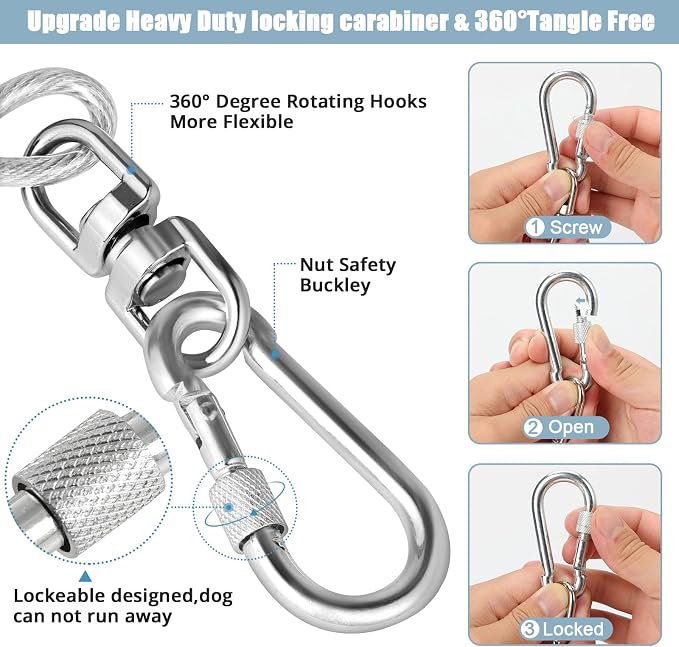 jenico Dog Tie Out Cable, 10/15/20/30/40/50/70/100/150FT Runner Cable with Swivel Hook and Shock Spring, Dog Leash Run Tether for Yard Outdoor and Camping,for Small to Medium Pets Up to 500 LBS