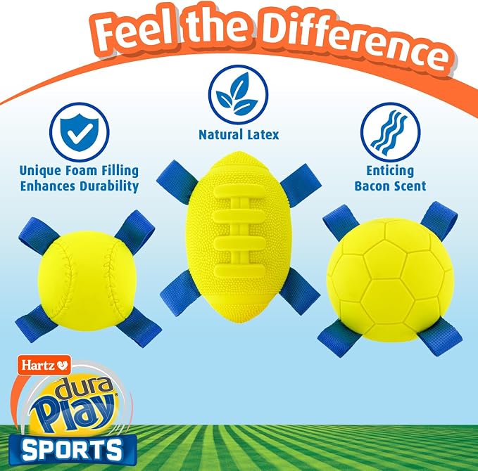 Hartz Dura Play Sports Football Dog Toy, Bacon Scented Squeaky Latex Yellow & Blue Toy, 3 Count
