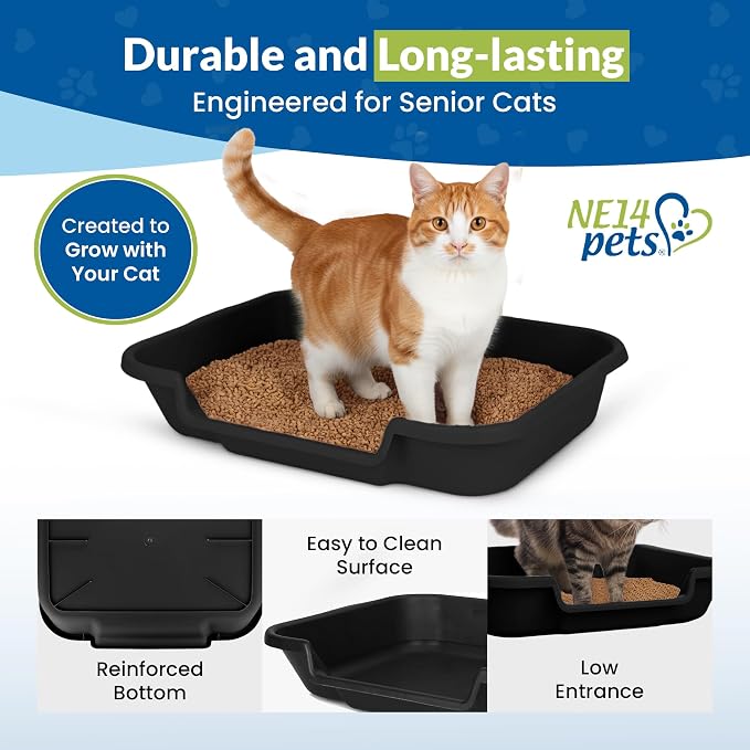 KittyGohere Senior Cat Litter Box Large with Scoop, 2 Pack Black | Open Top Low Entrance Kitty Litter Box With Long-handle Jumbo Scoop, Lightweight Low Entry Litters Box, Durable, Made in USA