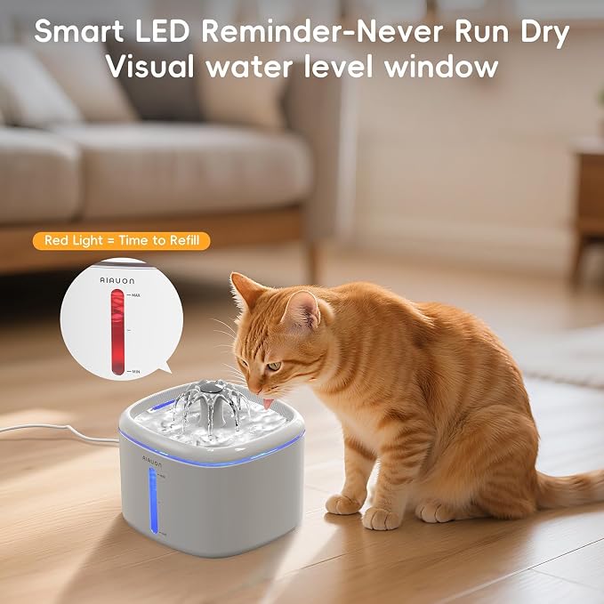 2.5L/84oz Cat Water Fountain, Ultra Quiet Pump & LED Blue Light | Pet Water Fountain with Ultra Quiet Low-Water Auto Shutoff Pump& LED Blue Light - for Pets Small Animals & 8 Filters