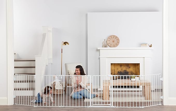 Regalo Safety 51.5"-144" Metal 2-in-1 Super Wide Baby Gate & Play Yard | Adjustable Playpen, For Doorways & Open Spaces, For Babies, Toddlers & Pets, White, Tested & Trusted for 30 Years
