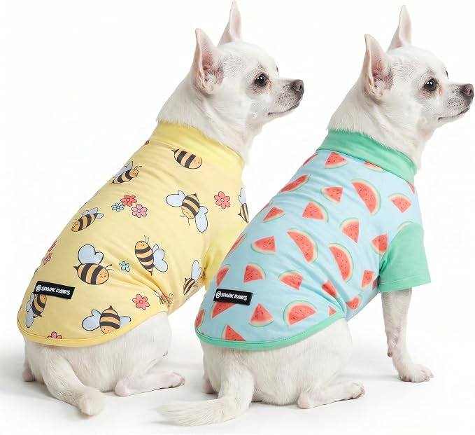 Spark Paws Sunblock Dog T-Shirt, SPF30 Protection, Lightweight Breathable Quick Dry for Dogs with Sensitive Skin - Bees & Watermelon (Set of 2) - Size S