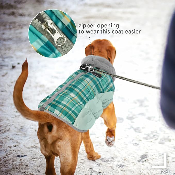 FUAMEY Dog Jacket for Large Dogs Warm Dog Jackets with Harness Built in | Dog Winter Jacket Cold Weather Snow Puppy Vest Water-Resistant Zip up Dog Fleece Jackets High Visibility Green Plaid XXXL