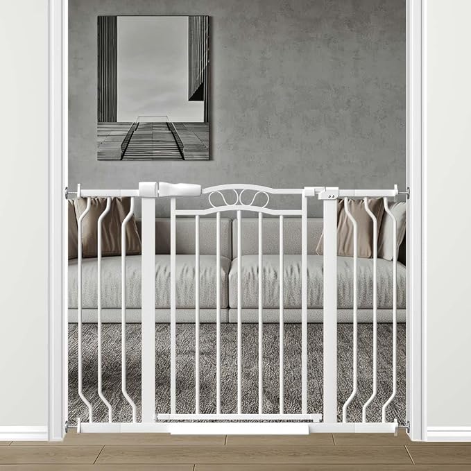 Fairy Baby 29.5"-43.7" Extra Wide Baby Gates No Drill, Auto Close Press Mounted Dog Gate for Doorways, Adjustable Width Walk Through Pet Gates for The House, White