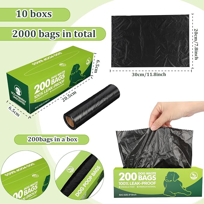Sherr Dog Poop Bags 10 Boxed Rolls 2000 Counts | Bulk, Leak Proof, For Puppy Pets, Outdoor Walking and Travel