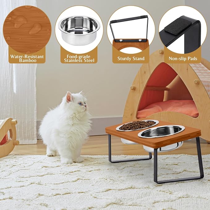Elevated Cat Food Bowl for Indoor Cat, Brown Raised Water Bowl Set for Pet | Whisker Friendly, Anti Vomit, Feeding Station for Puppy, Stainless Steel, Pet Dish, Easy Assembly, Bamboo, Dishwashers Safe