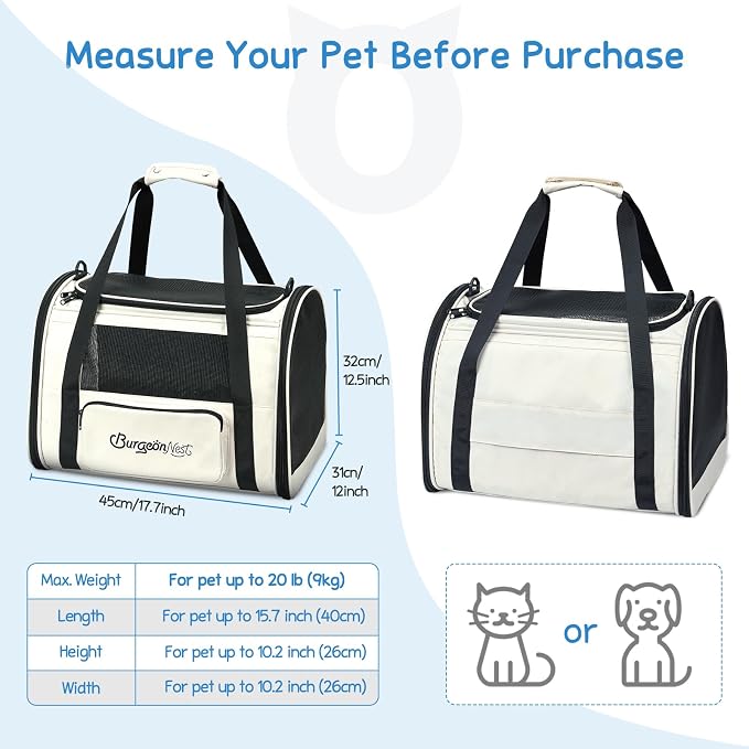 BurgeonNest Cat Carrier, Soft Sided Travel Pet Carrier, Medium Beige | Soft sided cat carrier with top loading mesh windows and storage pocket for everyday pet travel
