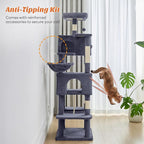 Sweetcrispy 66 Inch Cat Tree Tower for Indoor Cats and Kittens, Dark Grey | Multi Level Cat Climbing Tower with Natural Sisal Scratching Posts, Hammock, Pet Condo