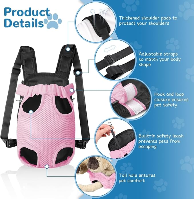 YUDODO Pet Dog Carrier Backpack Adjustable Front Carrier for Small Dog Cat | Legs Out Design, Easy-Fit Travel Backpack, Hiking and Walking, Durable Comfortable, Perfect for Outdoor, Pink, S