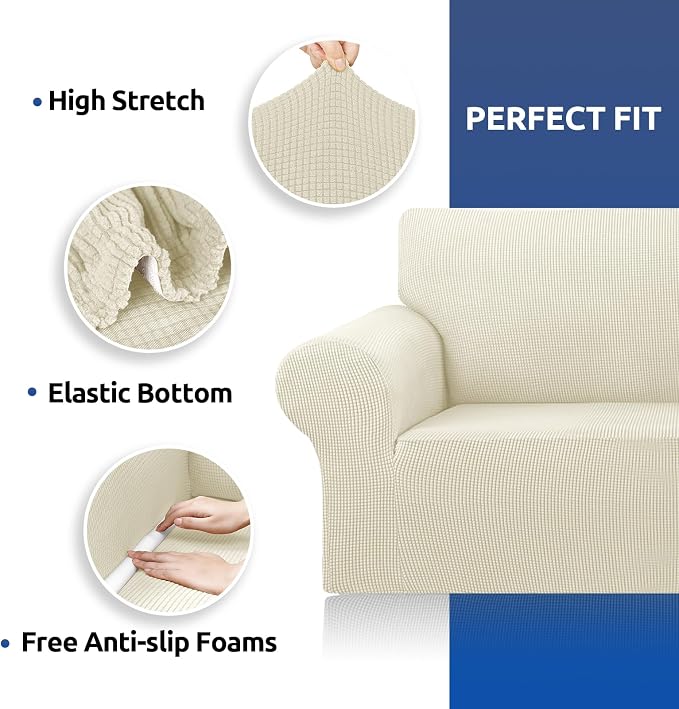 Stretch Loveseat Couch Cover, 2 Cushion Couch Slipcover,Beige | 1-Piece Washable Sofa Cover Pet Friendly (55"-78") Furniture Protector Soft Jacquard, Elastic Bottom for Dogs & Kids