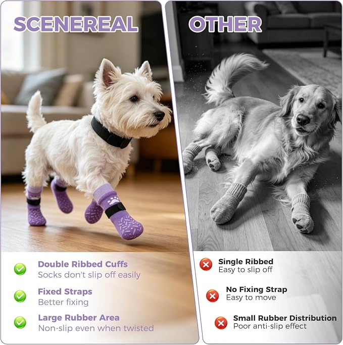 SCENEREAL Anti Slip Dog Socks to Prevent Licking Paws for Hot/Cold Pavement, Paw Protector Traction Control on Hardwood Floor, Dog Shoes Booties for Puppy Small Medium Large Senior Dogs, Purple S