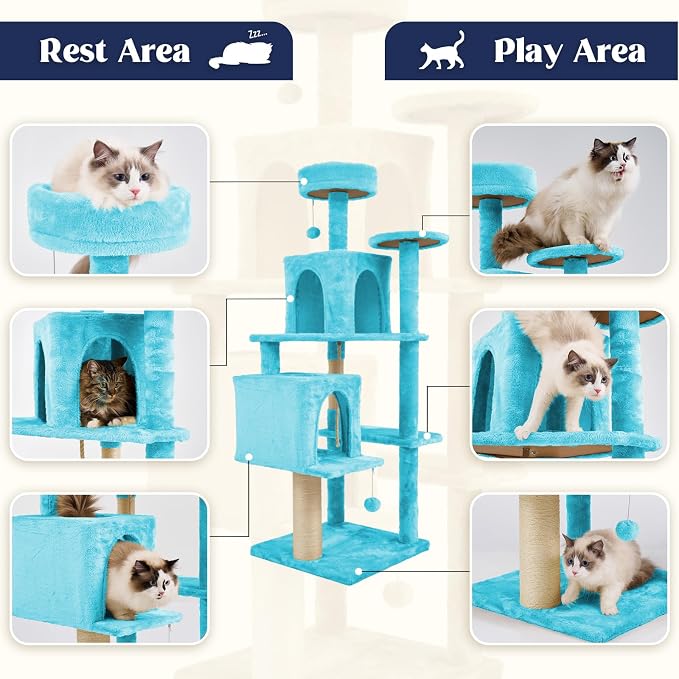 58.5inch Large Cat Tree Tower Condo for Indoor Cats, Soft Plush Multi-Level Climbing Tree Cat House, Scratching Post, More Entrance/Exit, Sisal Rope, Peacock Blue