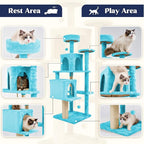58.5inch Large Cat Tree Tower Condo for Indoor Cats, Soft Plush Multi-Level Climbing Tree Cat House, Scratching Post, More Entrance/Exit, Sisal Rope, Peacock Blue