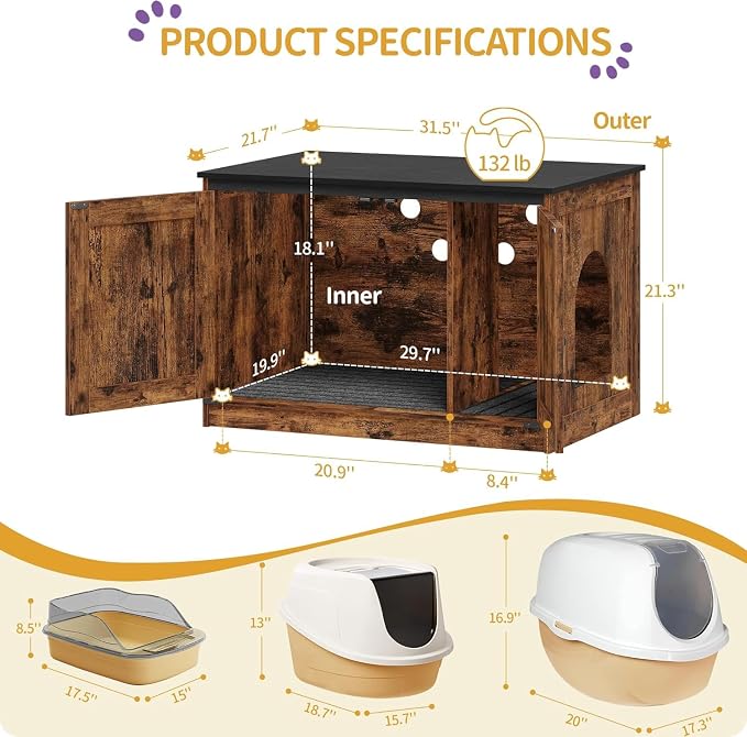 Hzuaneri Cat Litter Box Enclosure, Hidden Litter Box Furniture with Divider | Wooden Cat Cabinet with Removable Dividers, Reversible Entrance Left or Right Side, Cat Washroom, Rustic Brown Black CB84601X
