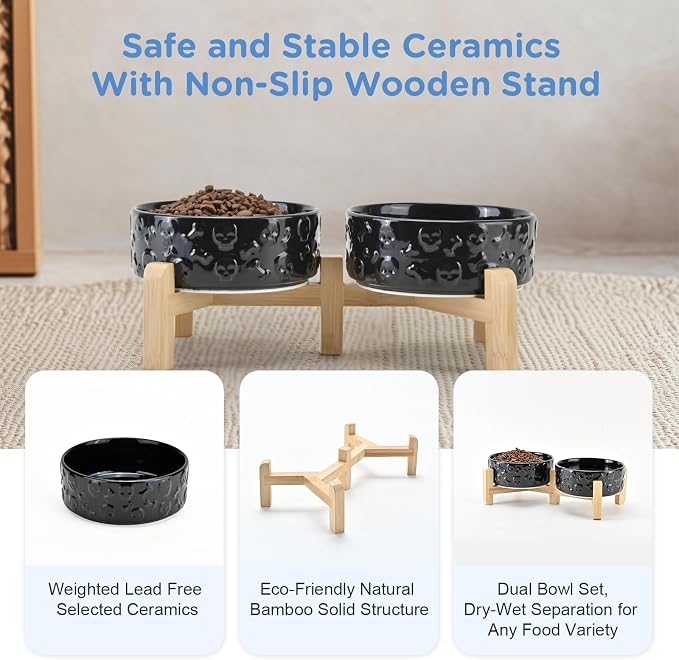 SPUNKYJUNKY Elevated Dog Bowls Ceramic, 5.1'' Dogs and Cat Food Water Bowls Raised with Non-Slip Bamboo Stand for Puppy Small Sized Breed Microwave Dishwasher Safe - 13.5 OZ,Skull Black