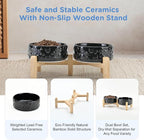 SPUNKYJUNKY Elevated Dog Bowls Ceramic, 5.1'' Dogs and Cat Food Water Bowls Raised with Non-Slip Bamboo Stand for Puppy Small Sized Breed Microwave Dishwasher Safe - 13.5 OZ,Skull Black
