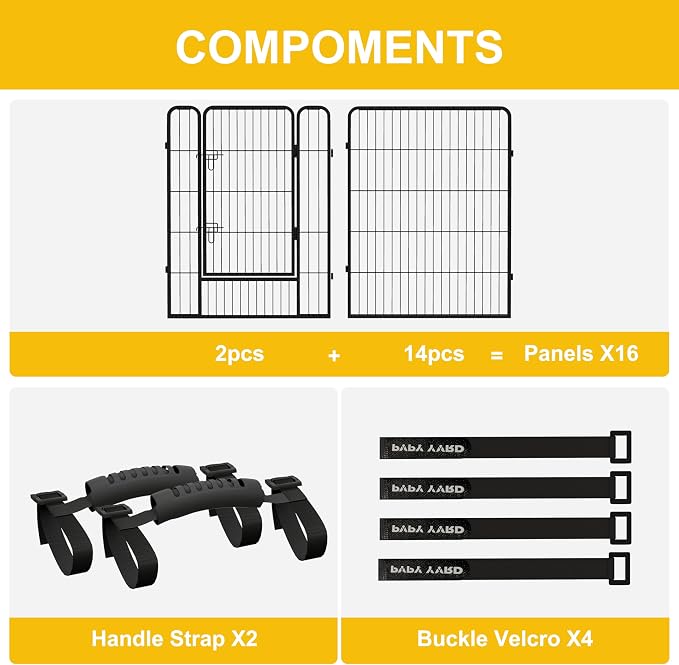 40 Inch 16 Panel Portable Metal Outdoor Dog Playpen, Black | 40-Inch 16-Panel Portable Dog Fence for RV Camping with Carry Handle and Hook-and-Loop Straps for Medium and Large Dogs.