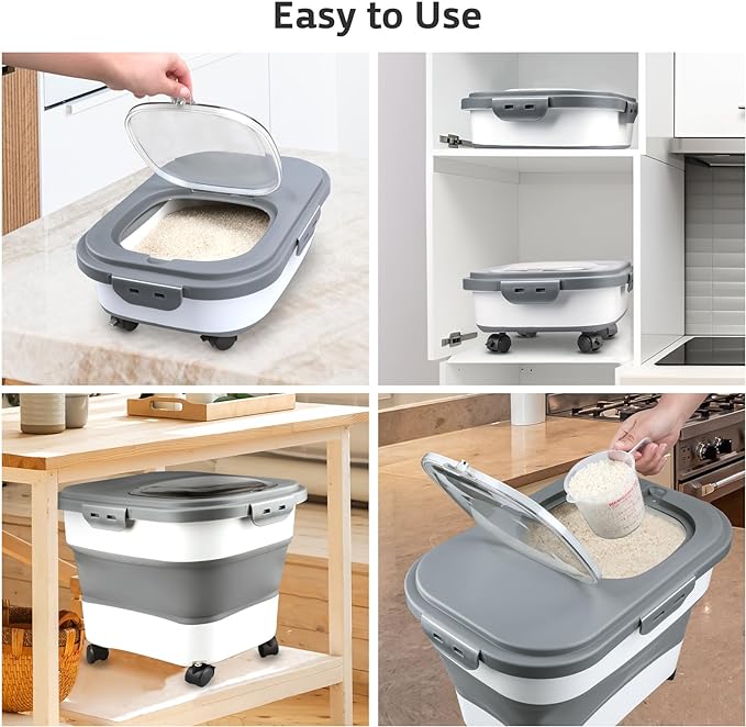 Rice Storage Containers, Collapsible 20 to 30Lbs Food Storage Bin Dispenser with Rolling Wheel and Clear Airtight Lid, BPA Free Flour, Sugar, Cereal and Dog Cat Pet food Containers