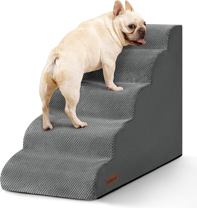 Aodisman Dog Stairs for High Beds,5 Step Pet Ramp for Dogs and Cats,22.4" H | High-density foam dog steps for beds and window sills, with a non-slip bottom for puppy and older cat,comfortable,Grey