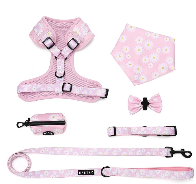 Small Dog Harness and Leash Set of 6, No Pull Soft Lightweight Mesh Puppy Harness， Adjustable Cute Floral Pattern Pet Harness for Small Medium Dogs (Pink Flowers, S)