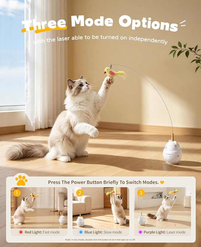 ROJECO Interactive Cat Toys, 2 in 1 Automatic Cat Toy with Flying Bird, 360°Rotation Moving Laser Kitten Toy, USB Rechargeable, Electronic Smart Sensor Kitten Toys, Suitable for Indoor Kitten