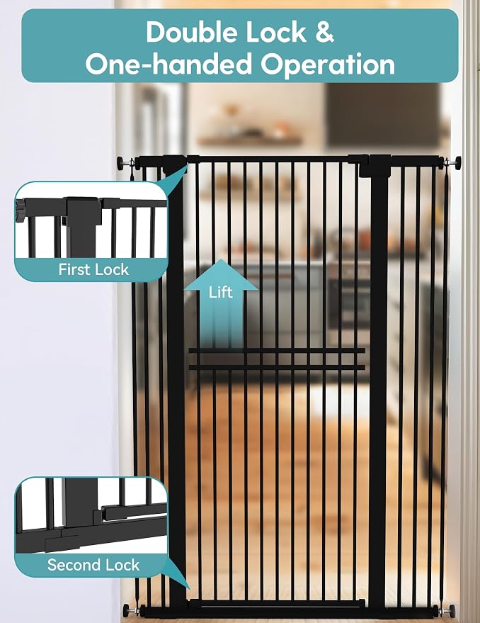 No Pawblems 55" Extra Tall Pet Gate, 29"-40" Wide Tall Dog Gate, Black | No Drilling Pressure Mounted, 1.37" Narrow Bar Spacing, Auto Close Tall Cat Gate for Doorway Hallway, One-Hand Operation