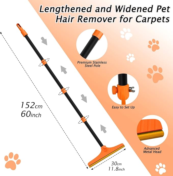 Carpet Rake for Pet Hair Removal Tool, Dog Cat Hair Remover for Furniture | 60'' Pet Hair Remover Broom for Pet Owner Reusable Hair Remover with Adjustable Handle, Carpet Brush for Rugs, Mats, Couch