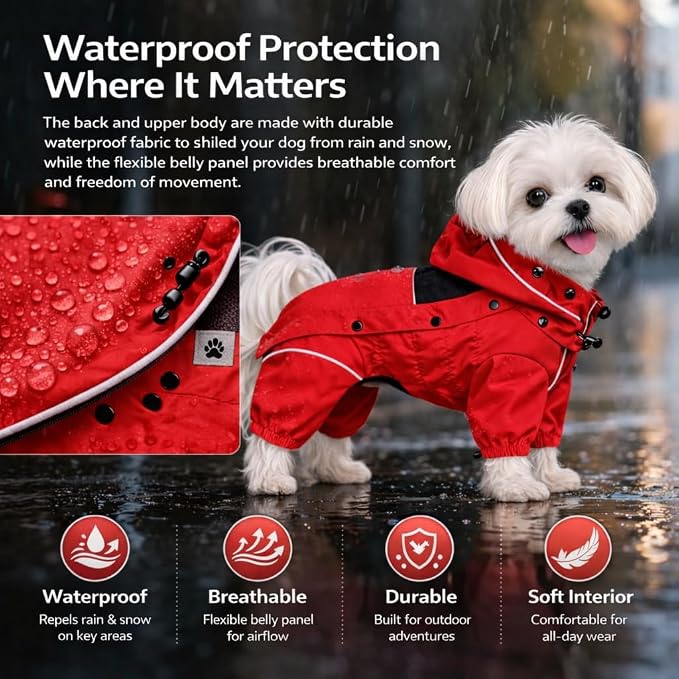 LOVELONGLONG Waterproof Dog Raincoat with Removable Hood – Outdoor Full Body Dog Jacket, Windproof Snowproof Shell Suit – All Season Pet Rain Gear Red XXL