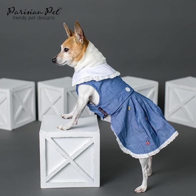 Parisian Pet Dog Overall Dress - Spring Summer Clothes for Small Dogs Girl - Floral Denim Pet Dress - Stylish Dog Outfit - Lightweight and Breathable Puppy Clothes - Sleeveless Dresses for Dogs