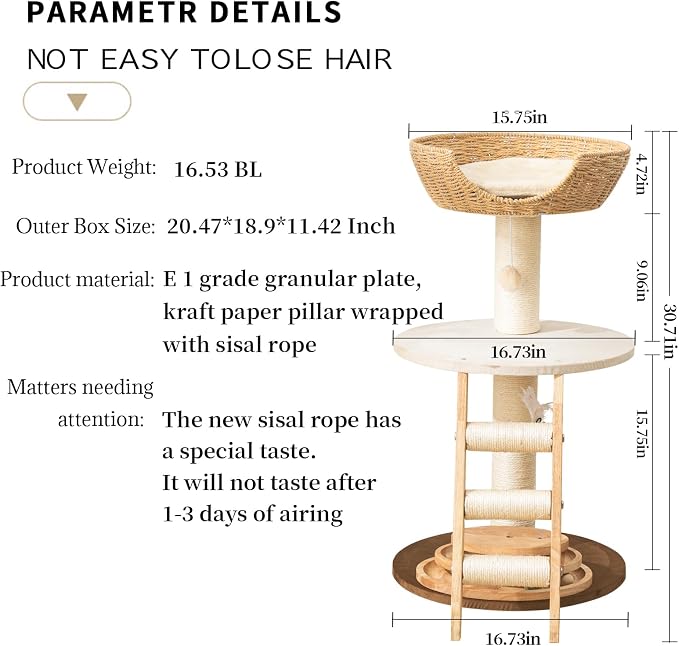 Modern Cat Tree for Indoor Cats, 30 in Cat Tower with Basket Bed | Interactive Play Base, 8cm Thick Sisal Scratching Posts, Climbing Ladder, Teaser Toy, Replaceable Cooling & Plush Mats