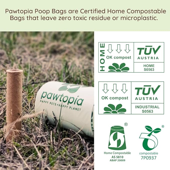 Pawtria Home Compostable Dog Poop Bags (240) with Paper Poop Bag Dispenser | 240 Compostable Dog Poop Bags with Reusable Paper Dispenser, Leak-Proof, Easy Open, TÜV AUSTRIA Certified