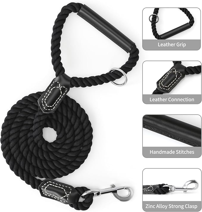 Mile High Life Dog Leash Braided Cotton Rope w/Leather-Wrapped Ends/Handle | Rust-proof 360° swivel clasp, Heavy-duty for medium/large breeds. Great for weddings, daily walks (4 FT, 1/2", Black)