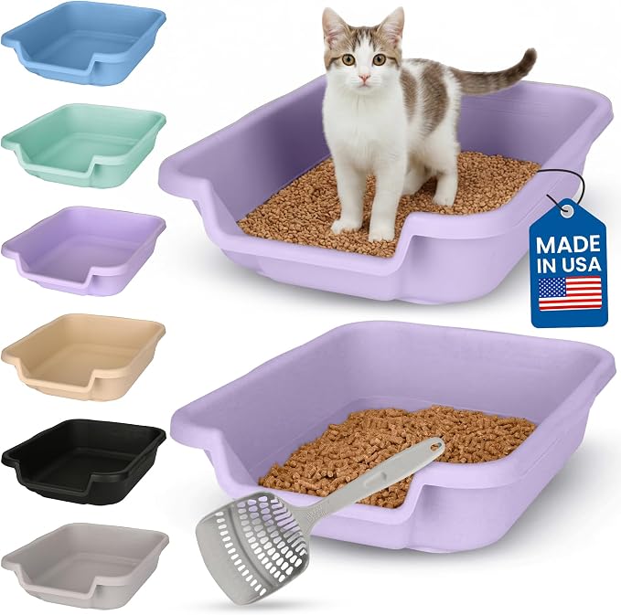 KittyGohere Senior Cat Litter Box Small with Scoop, 2 Pack Lavender | Open Top Low Entrance Kitty Litter Box With With Long-handle Jumbo Scoop, Lightweight & Durable Litters Box, Made in USA