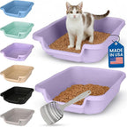 KittyGohere Senior Cat Litter Box Small with Scoop, 2 Pack Lavender | Open Top Low Entrance Kitty Litter Box With With Long-handle Jumbo Scoop, Lightweight & Durable Litters Box, Made in USA