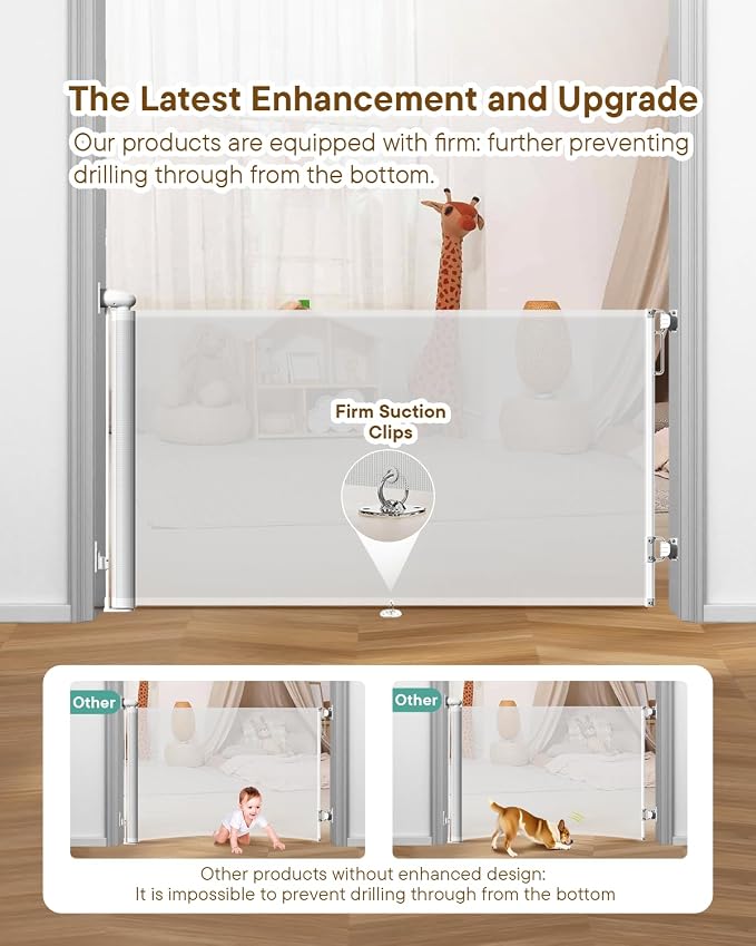 Retractable Baby Gates, 34" Tall Fits Up to 55" Wide, White | No Bottom Bar Mesh Baby & Pet Gate with Anti-Crawling Hook, One-Hand Operation, Safety Lock for Stair, Doorway,Indoor/Outdoor
