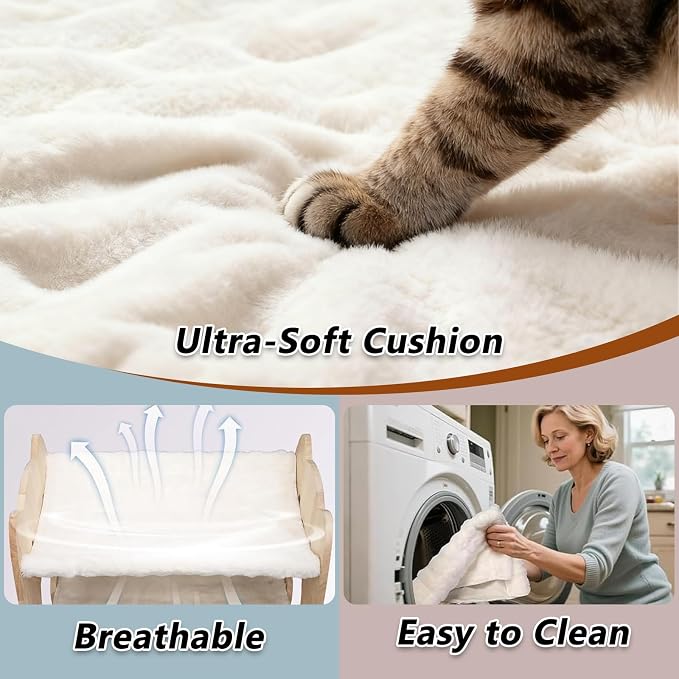 Elevated Cat Bed, Solid Rubberwood Cat Hammock Bed with Soft Breathable Cover, Double Pet Beds for Multi-Cats Households Small Dog Rabbit