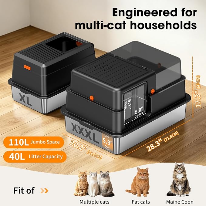 XXXL Stainless Steel Cat Litter Box with Lid – 28.3"×20.2"×17.3", Black | Enclosed High-Sided Cat Litter Box, Non-Stick Rustproof Pan & Leak-Proof Base, for Large & Multi-Cat Homes, Footboard & Scoop