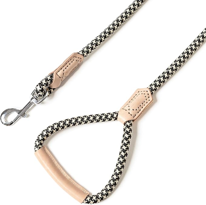 Mile High Life Dog Leash with Genuine Leather Handle, 4/5/6 FT | Rope Leash, Heavy Duty 360° Swivel Metal Clasp, for Small Medium & Large Dogs Walking (Black Khaki, 48 Inch-1/2)